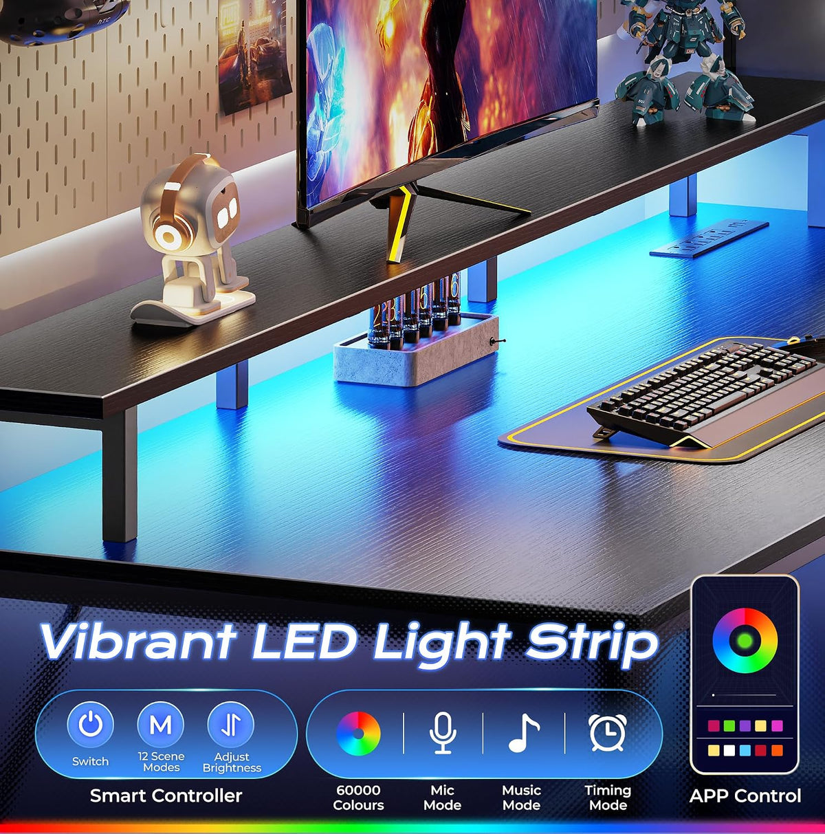 PRAISUN 55 inch Gaming Desk, LED & Power Outlets, Monitor Stand, Black