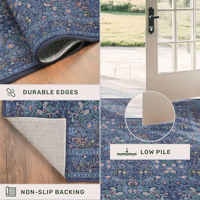 Dark Blue Washable 2x7 Runner Rug Non Slip
