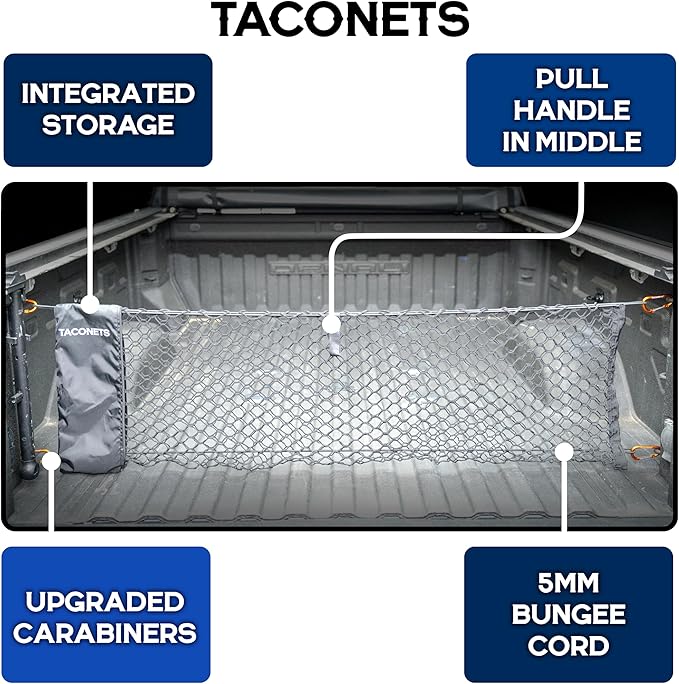 Envelope Cargo Net for GMC Sierra & Chevy Silverado - Fits 2013-2025 - Upgraded 5mm Bungee - Integrated Storage Bag - Heavy Duty Carabiners - Designed in USA - 18" x 50"