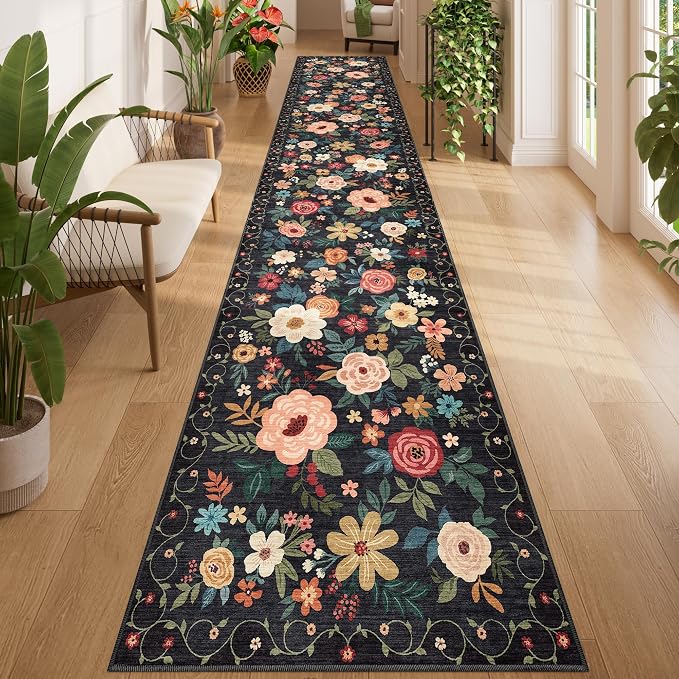 DUKINO 2x14 Runner Rug, Floral Long Washable Boho Kitchen Runner Rug