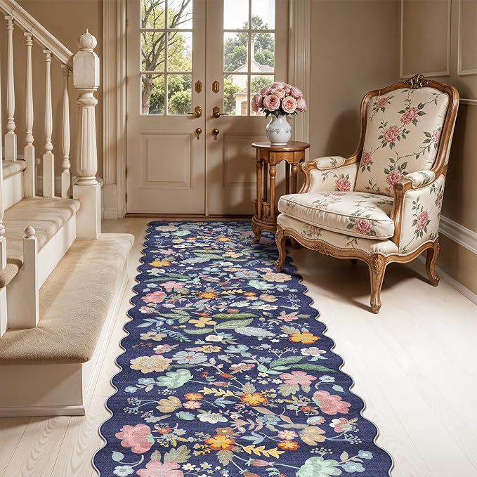 Washable Non-Slip Runner Rug 2x8: Water-Resistant Floral Kitchen Rug Indoor Low