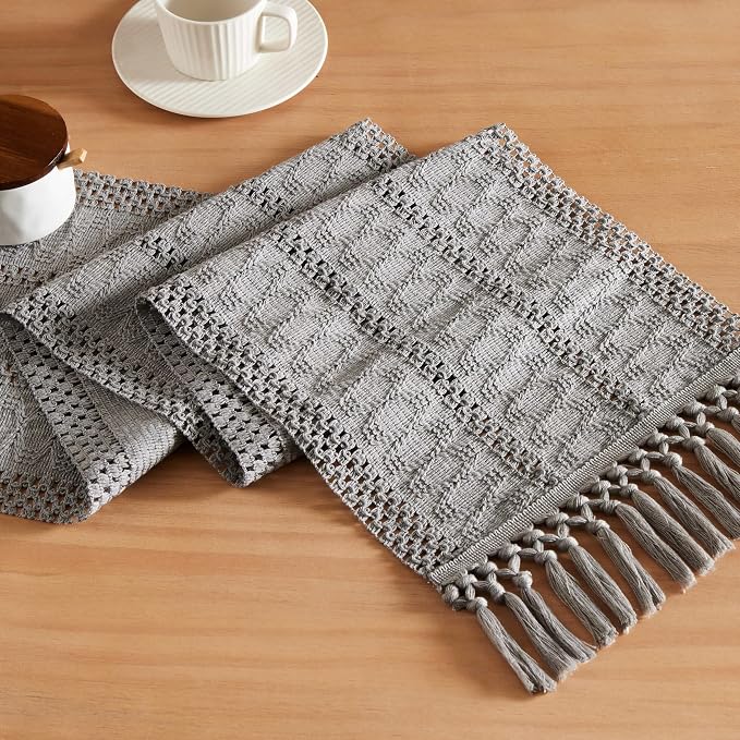 Macrame Style Boho Table Runner, 12x36 Inch Grey | Woven Boho Table Runner
