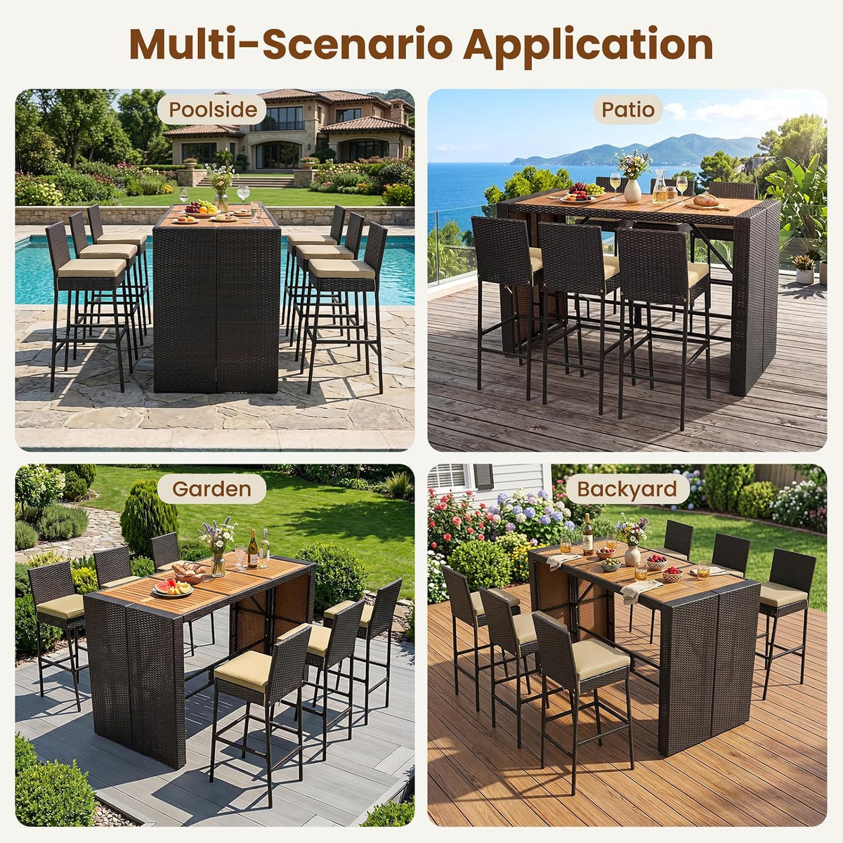 RELAX4LIFE 5-Piece Outdoor Bar Set - Wicker Rattan Bar Height Dining Table w/Acacia Wood Top 4 Bar Stools Chairs Seat Cushions Backrest Footrest Outside Patio Bistro Set for Backyard (Brown, 7-Piece)