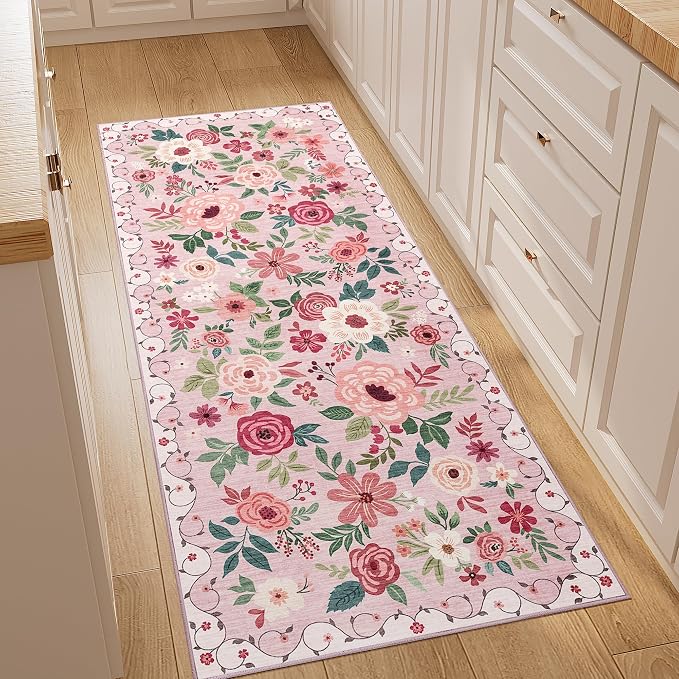 DUKINO 2x5 Runner Rug for Hallway, Washable Kitchen Floral Runner Rug