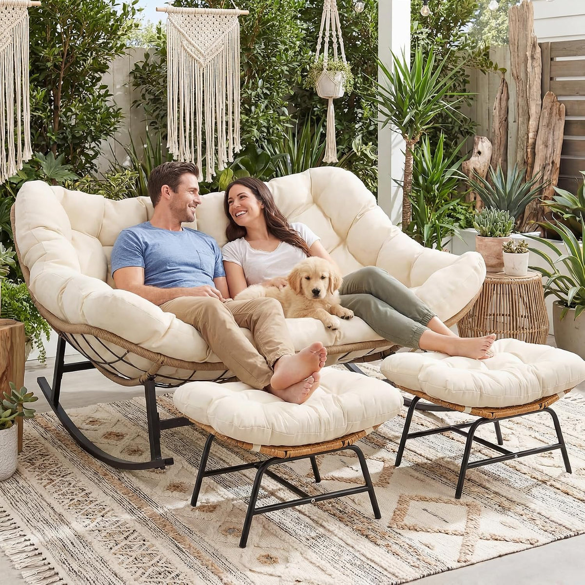RADIATA Double Egg Rocking Chair with Ottomans, Papasan Lounger Chairs