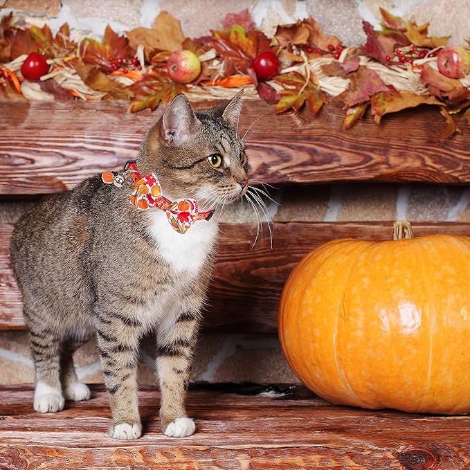 ADOGGYGO Thanksgiving Cat Collars with Bow Bell, Breakaway Fall Kitten Collar with Bowtie Pumpkin Turkey Collar for Girl Boy Cats Kittens