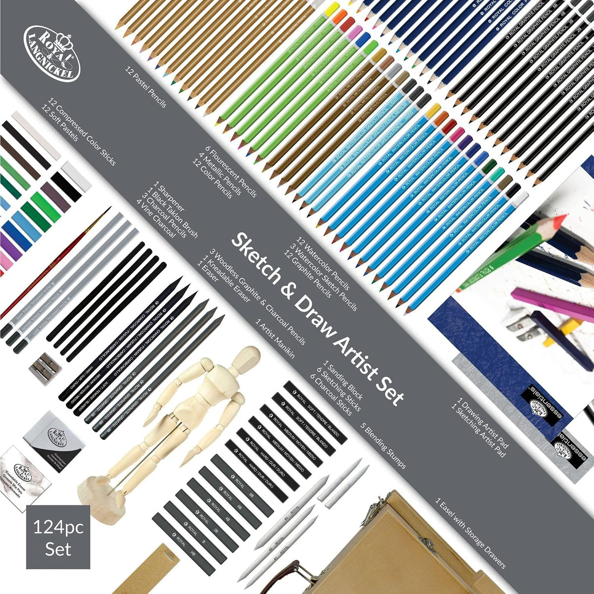 Royal & Langnickel 124-Piece Sketching and Drawing Easel Artist Set