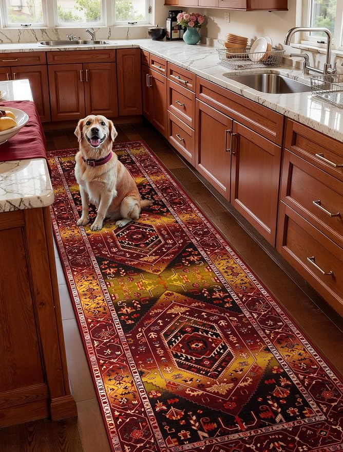 SERISSA Runner Rug for Hallways, Long Boho Rug Vintage Rustic Red Gold Hallway