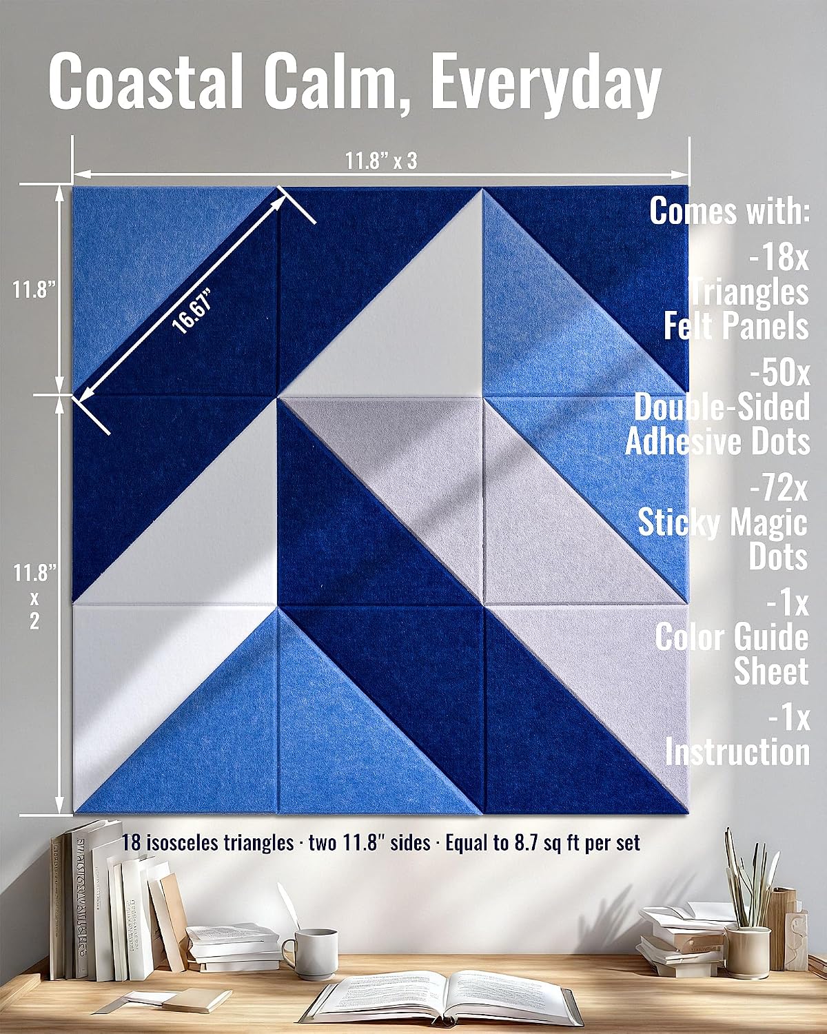 Triangular Felt Wall Tiles for Bulletin Boards, Marine, 18 Pack