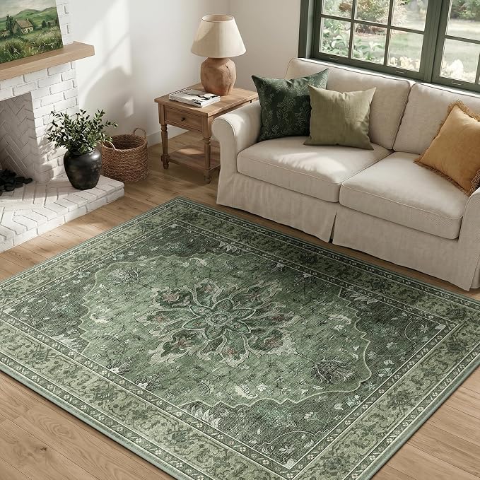 RELEANY Area Rugs 4'x5' Washable Non-Slip, Floral Vintage Distress Medallion