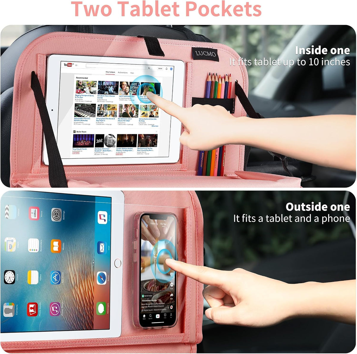 LUCMO Car Backseat Organizer with Foldable Tablet Holder, Pink