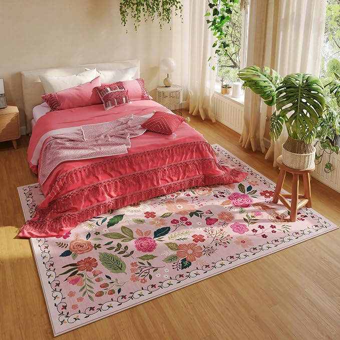 Rugcomf Living Room Rug 5x7 Rug Machine Washable Boho Area Rug Non Slip Floral