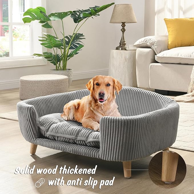 30''inch Bed Frame for Large Dogs, Modern Pet Sofa, Elevated Dog Couch Bed with Wooden Legs, Oval Small Dog Bed, Cozy Tufted Cushion Pet Furniture (Grey)
