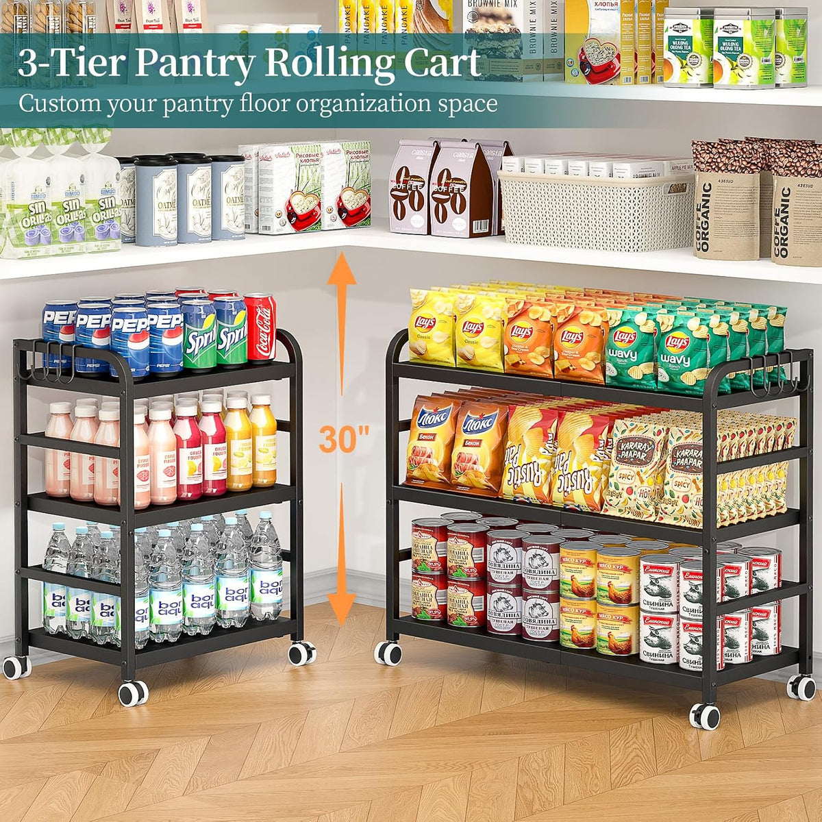 DAOUTIME 3-Tier Expandable Rolling Cart, Pantry Storage Cart with Wheels, Adjustable Rolling Pantry Floor Organizer, Metal Under Desk Cart, Can Storage & Snack Organizer for Kitchen Pantry, Black