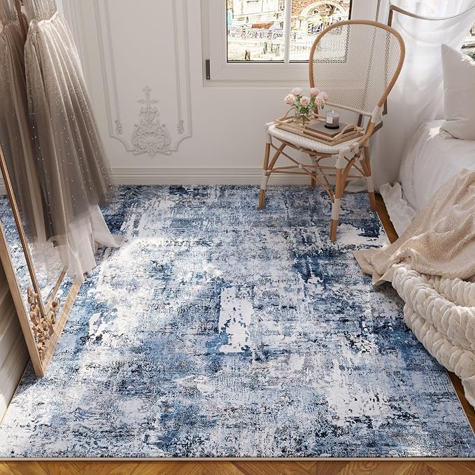 Rugcomf 4x6 Rug Washable Boho Soft Area Rug Abstract Pattern Non-Slip Faux Wool