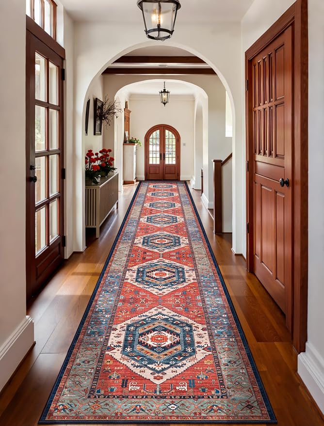 SERISSA Runner Rug for Hallways, Extra Long Boho Rug Ultra Soft Vintage Rust