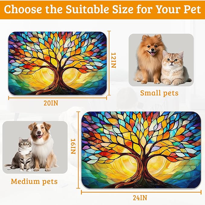Tree of Life Feeding Mat,Colorful Tree Absorbent Quick-Dry Cat Dog Food and Water Bowl Mats,Non-Slip Rubber Backing Mat,Cat Dog Accessories Supplies 12" x 20"