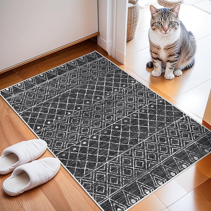 Black Moroccan 2x3 Entryway Small Area Rug | Machine Washable Low Pile Thin Non