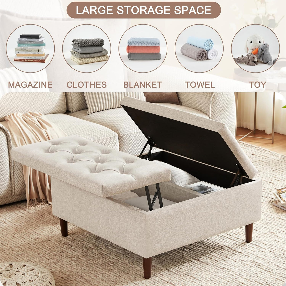 Weture 35" Large Storage Ottoman Coffee Table, Square Ottoman, Beige