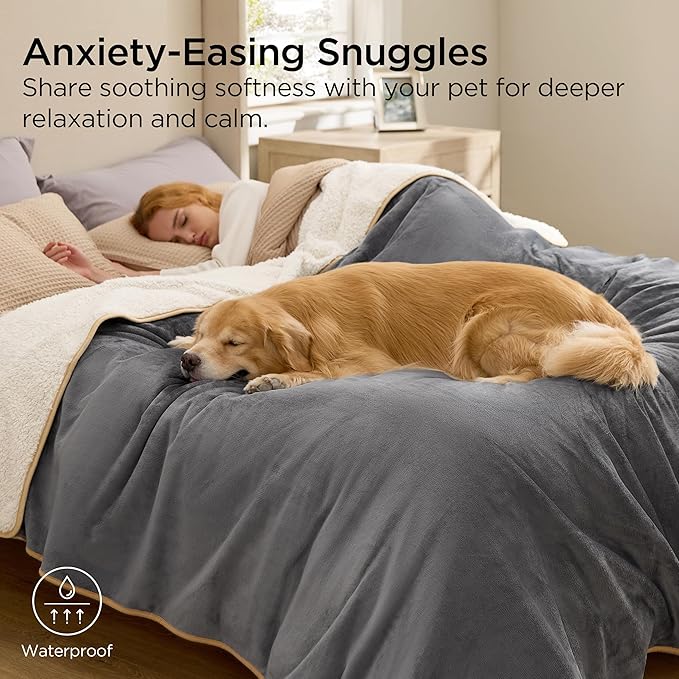 Bedsure Waterproof Blanket for Bed Intimacy- Sherpa Fleece Waterproof Dog Blankets for Large Dogs, Pet Blankets for Bed/Couch, Soft Plush Reversible Furniture Protector, Queen Size, 90"x86", Grey