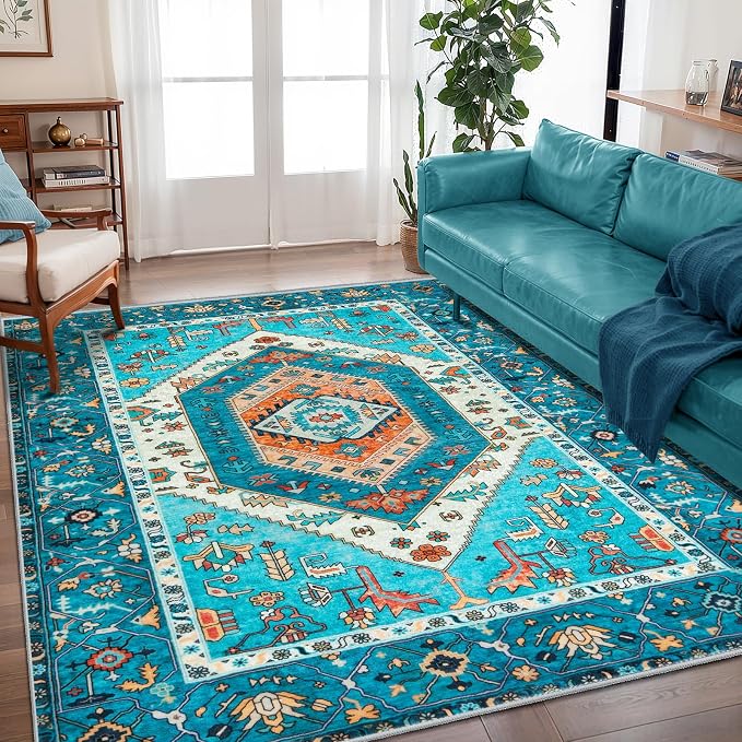 SERISSA Boho Area Rug 5x7 Blue, Washable Rugs