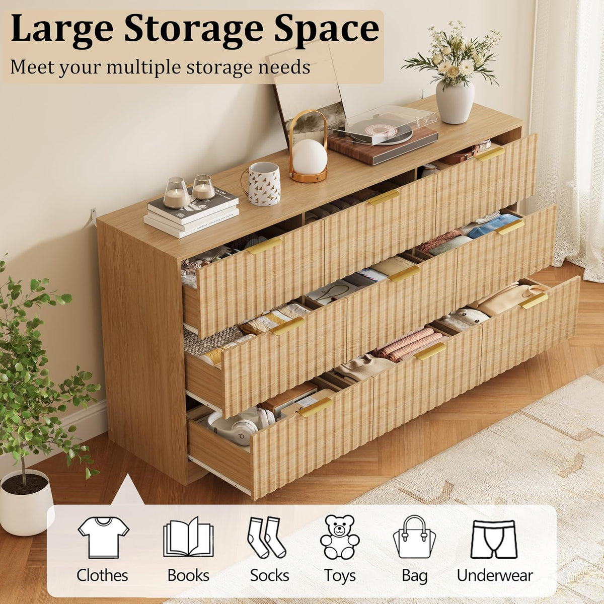 Fluted 9 Drawers Dresser for Bedroom, 63" Wide Wood Dressers, Natural Oak