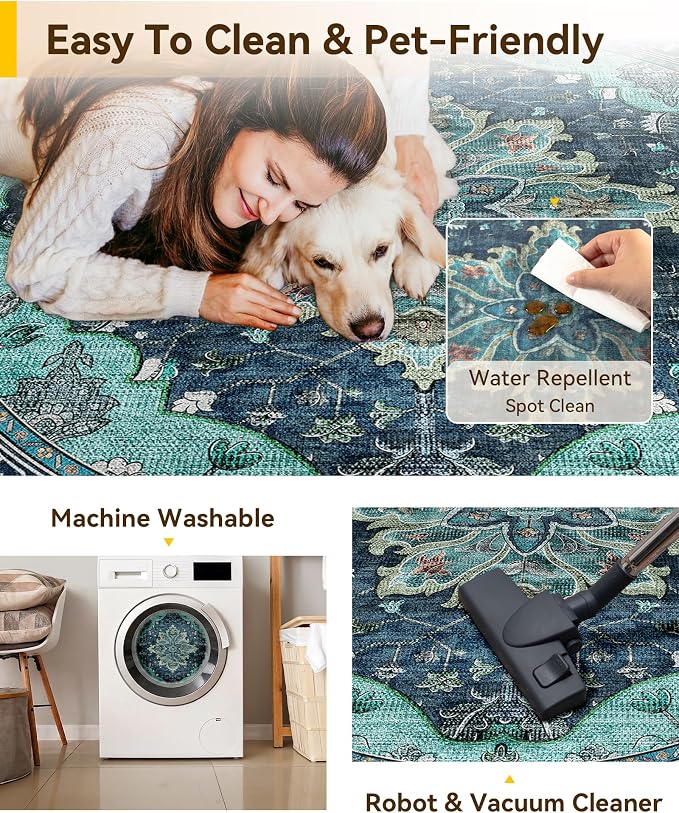 RELEANY Area Rugs Round 10ft Washable Non-Slip, Floral Vintage Distress