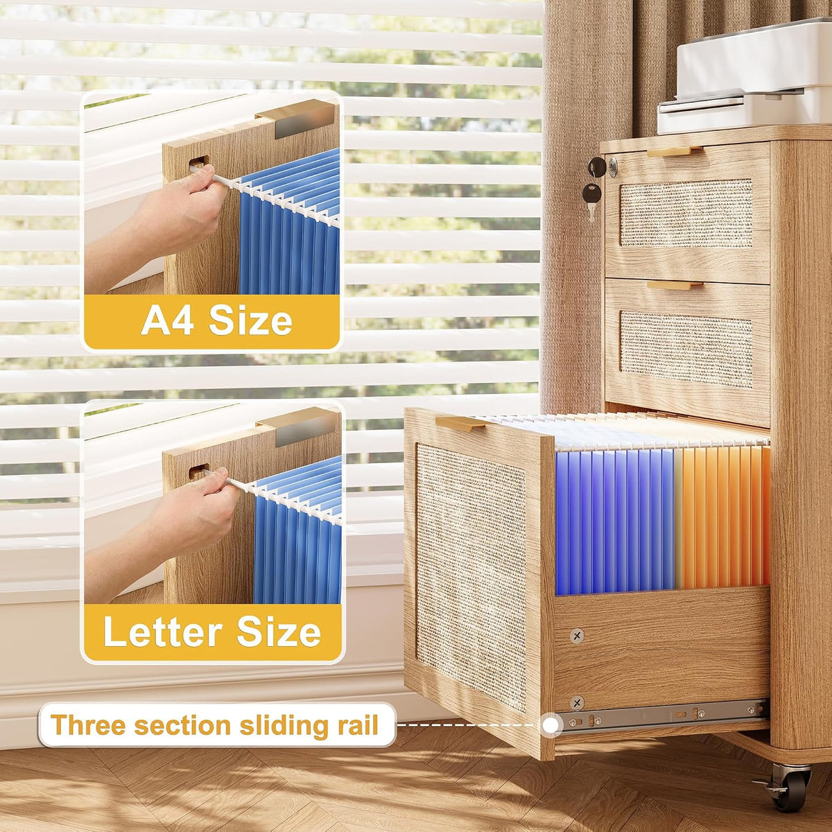 INNOD 3 Drawers Rattan Mobile File Cabinet with Lock, Rolling File Cabinet Printer Stand Table, Under Desk Wooden Filing Cabinets for Home Office Essentials Storage Organization Furniture Letters/A4