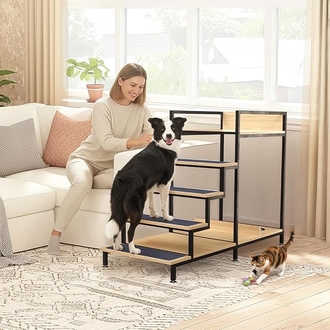 Dog Window Perch with Stairs - Multilevel Perch to Look Out Window with 130 lbs Load Capacity - Pet Bunk Bed with Feeding Station & Anti-Slip Carpet (Natural Color)