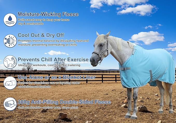 Horse Fleece Cooler, Blanket Liner - 300g Anti-Pilling Fleece, Moisture-Wicking, Cooling & Drying for Post-Workout, Bath & Travel, Prevent Overheating & Chilling Lightblue 81