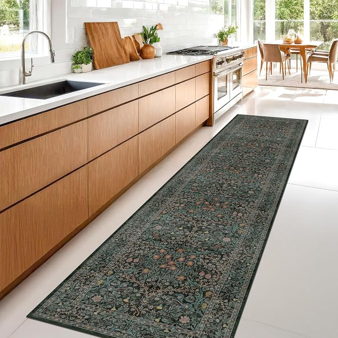 Dark Green Washable 2x8 Runner Rug Non Slip