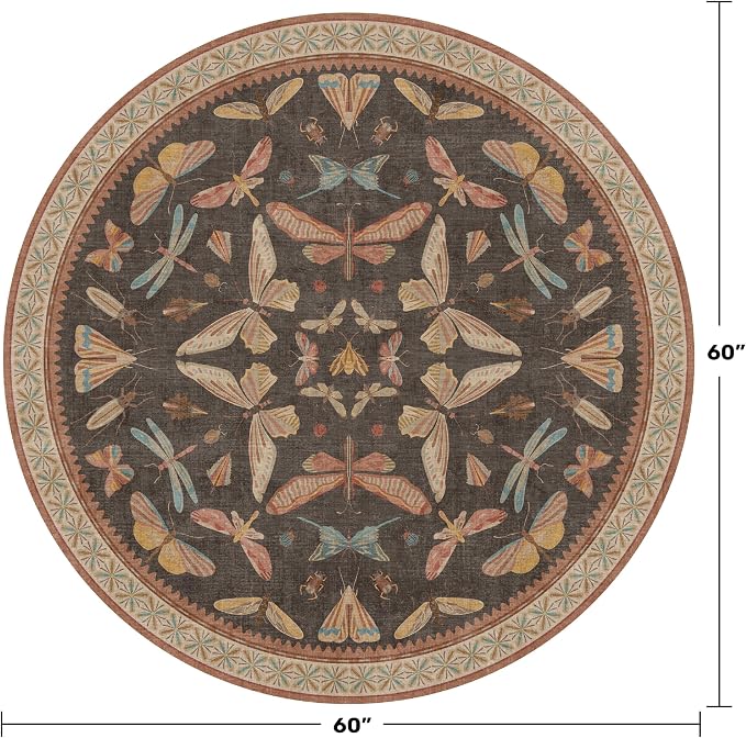 Boho Brown Round Rug 5ft, Soft Washable Throw Carpet