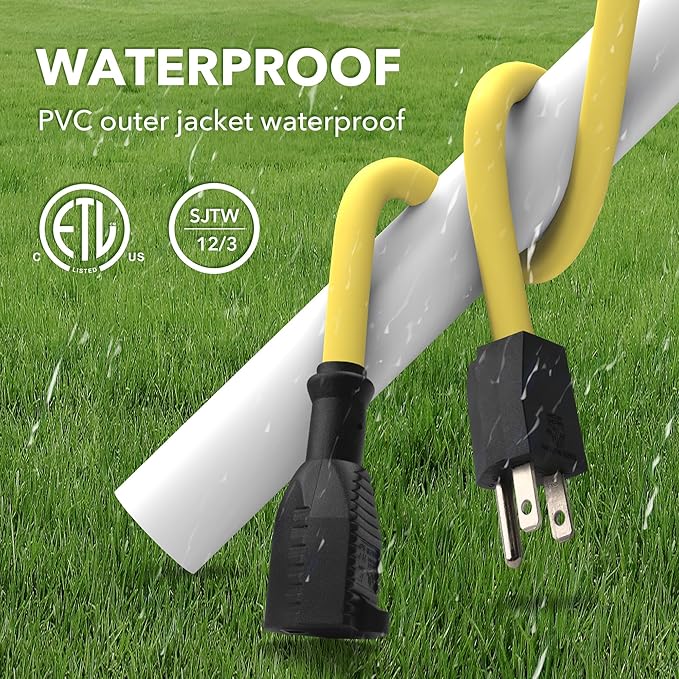 BN-LINK 3ft Outdoor Extension Cord, 12/3 SJTW Heavy Duty Power Cord, 3-Prong Grounded Plug, Weather Resistant, 15A, 1875W, Yellow, for Lawn, Garden, Appliances, ETL Listed