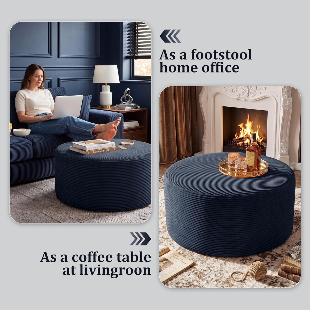 BSHOMGI Coffee Table Round Ottoman, Oversized Footrest for Couch with Removable Cover Large Floor Seating for Adults Ottomans Coffee Tables for Living Room No Assembly