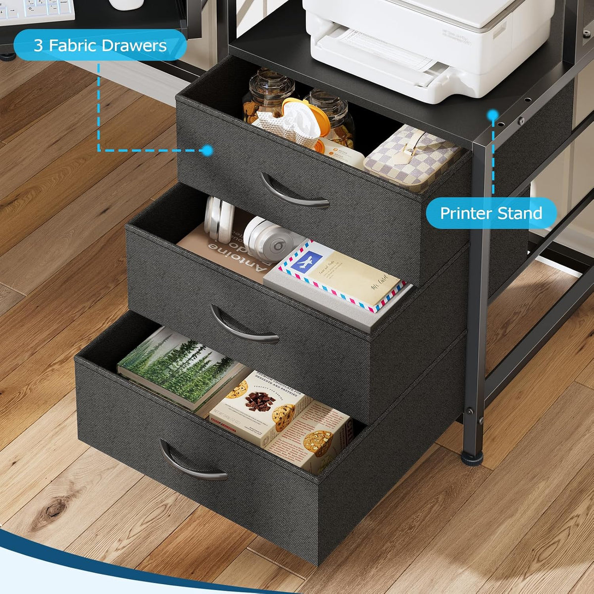 47" Corner Desk with Drawers, Power Outlets ＆ Printer Shelf for Small Space