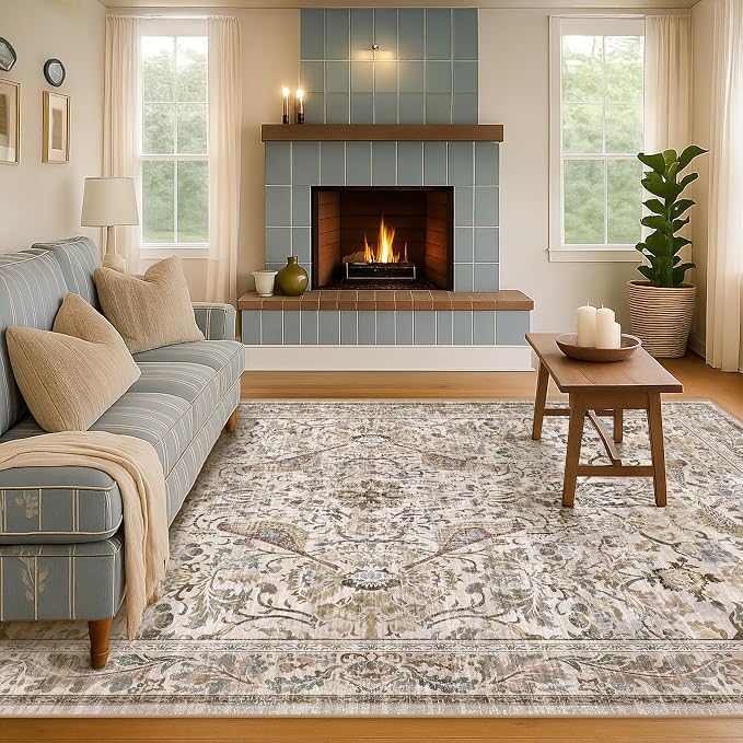 Washable 6x8 Floral Area Rug for Living Room, Boho Farmhouse Dining Room Rug