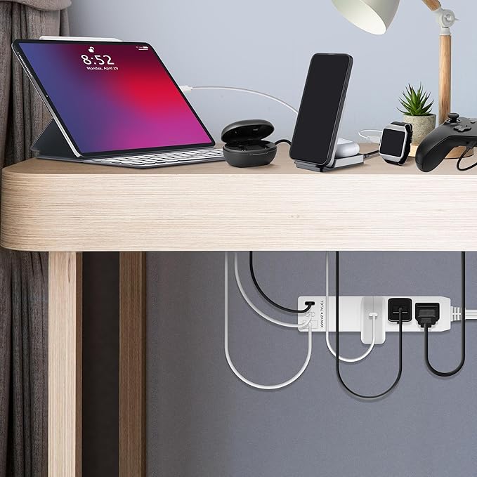 LIDER Outlet Extender with 3 Receptacles, 21W USB Type-A, and 2 USB Type-C, USB Port, Ultra-Thin Wall Plate Plug with Cord Extender, 3-Outlet Power Strip, Flat-Face, ETL-Listed, 8ft Cord, White