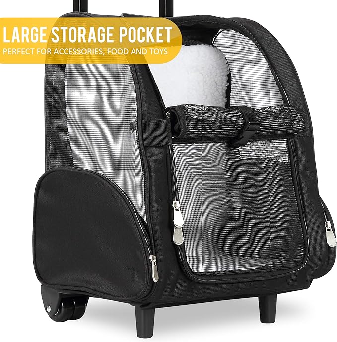 KOPEKS Deluxe Backpack Pet Travel Carrier with Double Wheels for Pets up to 18 Pounds - Black