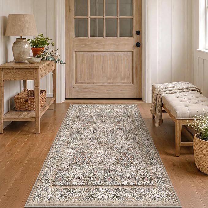 Vintage Moss Green Entryway Rug, 3x5 Washable Area Rugs
