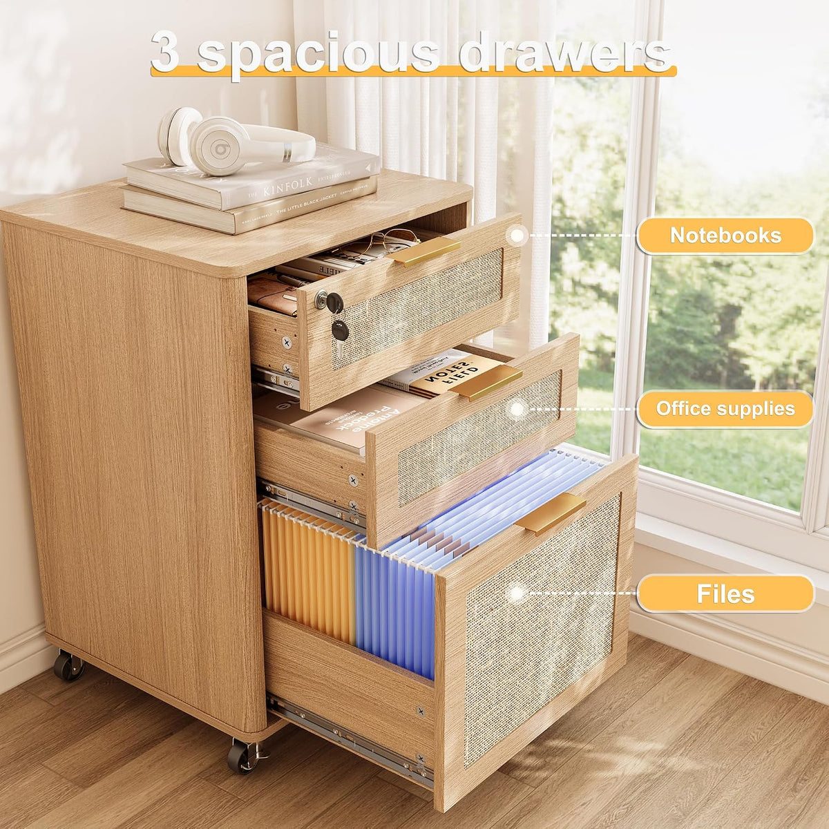 INNOD 3 Drawers Rattan Mobile File Cabinet with Lock, Rolling File Cabinet Printer Stand Table, Under Desk Wooden Filing Cabinets for Home Office Essentials Storage Organization Furniture Letters/A4