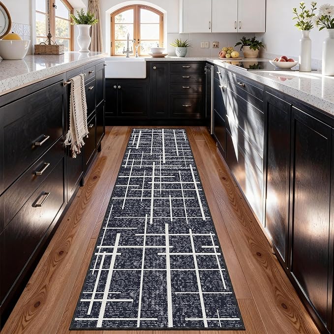 Non Slip Hallway Runner Rug 2x8, Modern Distressed Stripe, Washable Long Rug