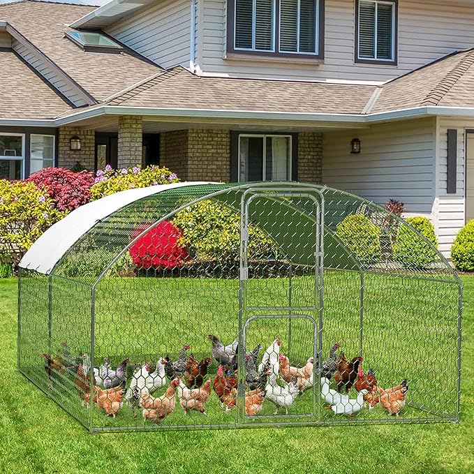 Large Metal Chicken Coop Run,Outdoor Walk-in Cage Peak Hen House with Waterproof and Anti-Uv Cover,Dome Roof Hen House with Security Lock for Outdoor,Backyard and Farm, 9.8 x 13.1 x 6.6 ft