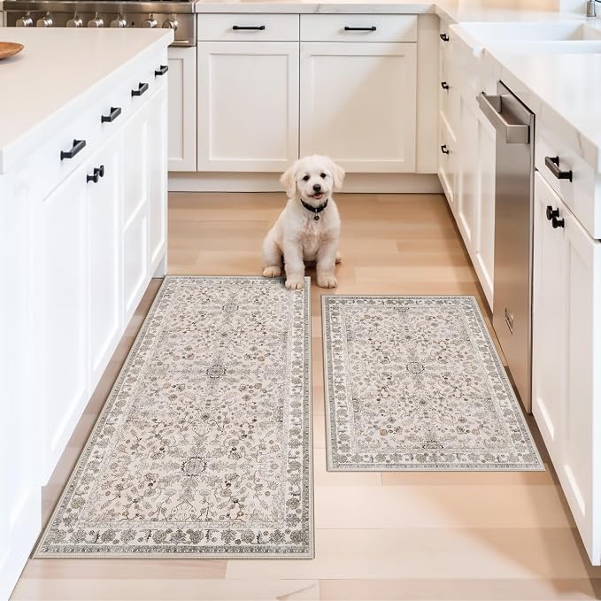 Kitchen Rugs Non-Slip Washable 2 Piece, Modern Boho Low Pile Stain-Resistant