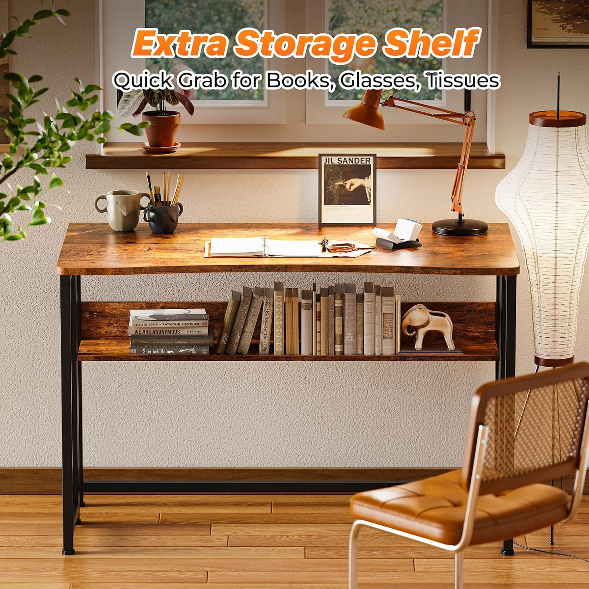Huuger Folding Desk with Storage Shelf, 39.3 Inch Foldable Computer Table