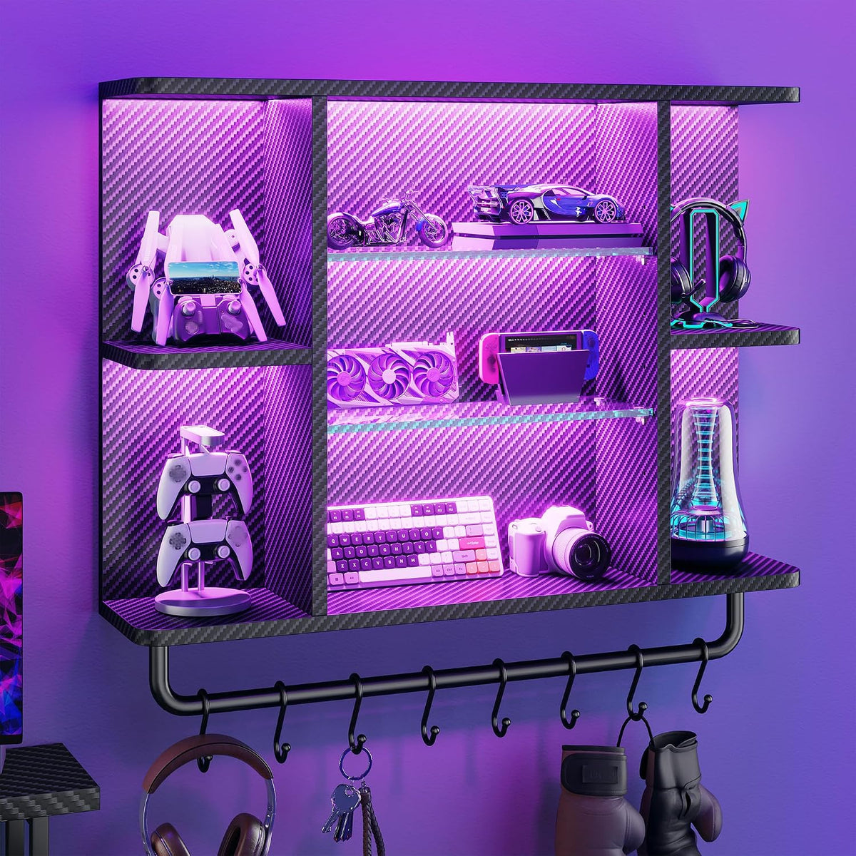 REIBII 34" Gaming Floating Shelves, LED Wall Mounted Shelf with Adjustable Glass Shelf, 7 Tiers Display Rack with 8 S-Hook, Gaming Room Decor Wine Coffee Bar, Black Carbon Fiber
