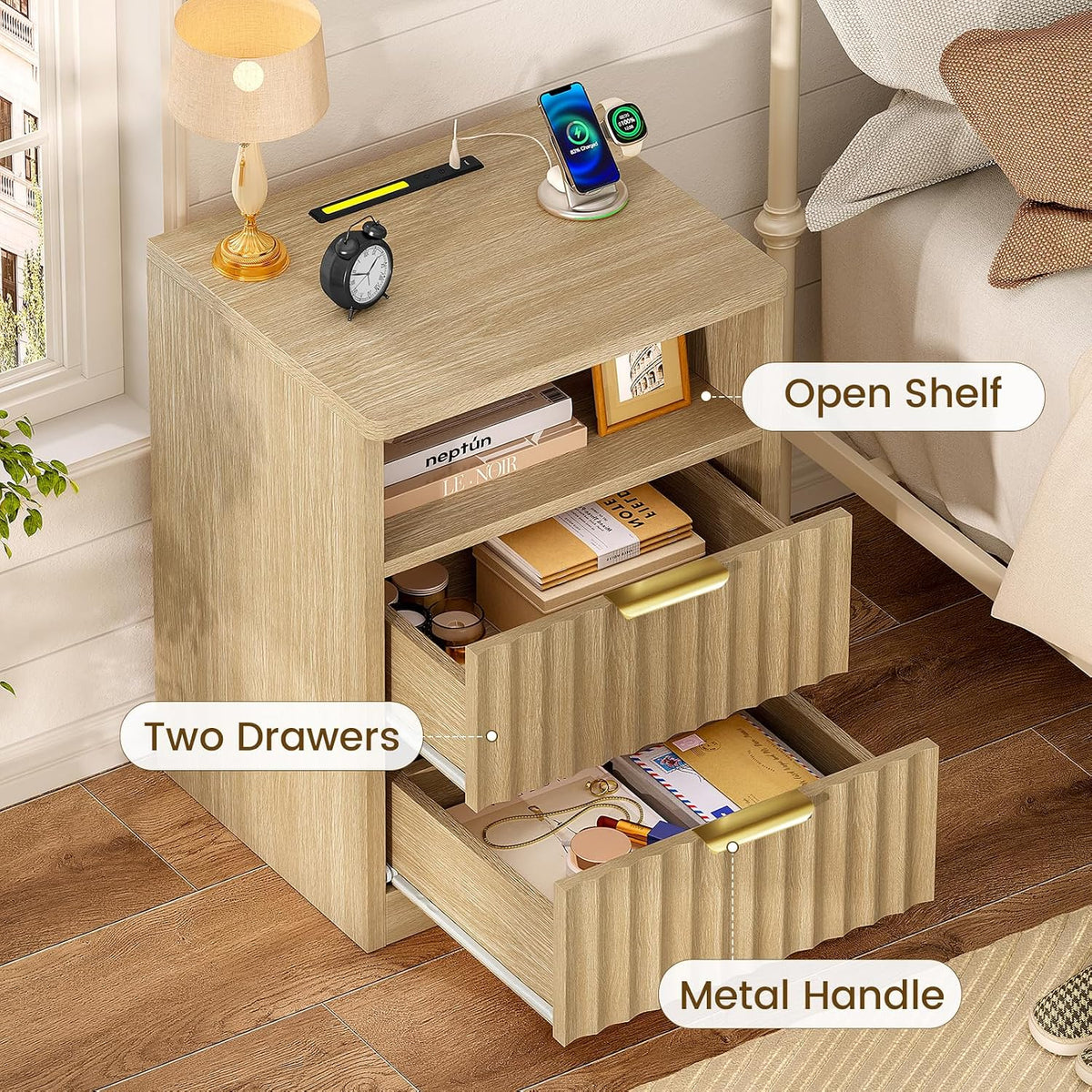 TEENFON Fluted Night Stand, Nighstand with Charging Station and LED Light, Modern Bed Side Table for Small Space, Storage Drawer and Open Shelf, for Bedroom, Natural