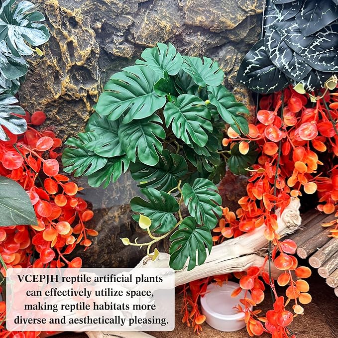 VCEPJH Reptile Plants with Suction Cup Amphibian Habitat Decor 2 Pcs Artificial Leaves for Terrarium Decor Crested Gecko Tank Accessories for Bearded Dragon, Lizard, Snake (Monstera)