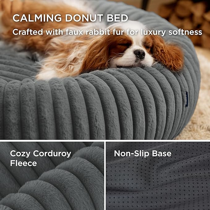 Bedsure Donut Large Dog Bed 30x30x8 inches with Waterproof Dog Blankets for Medium Dogs 30"x40", Warm Grey
