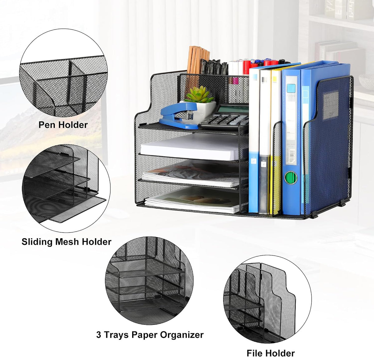 4-Tier Desk Organizer and Accessories with 2 File Holder Storage, Metal File Organizer for Desk with 2 Pen Holder, Office Organization for Paper, Document, Stationery Storage, Black