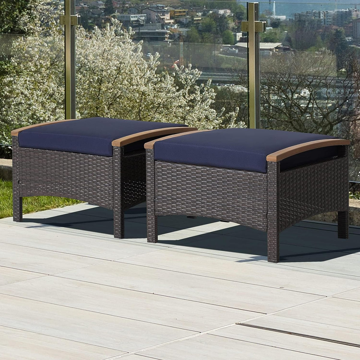 HAPPYGRILL Outdoor Patio Ottoman Set, PE Rattan Wicker Ottomans
